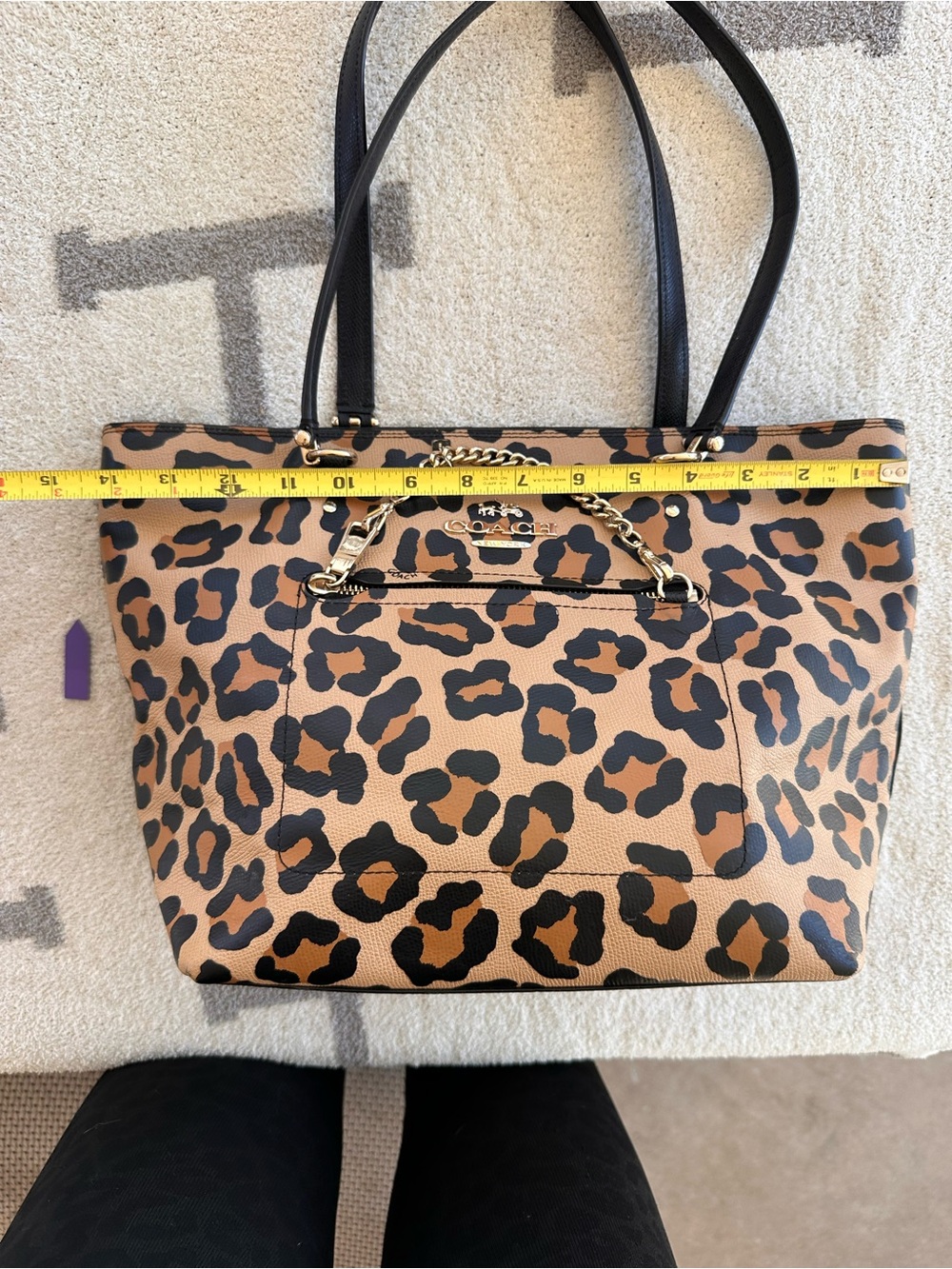 Coach Leopard-Print Tote in Brown and Black with Gold Chain Accent - Picture 3 of 14